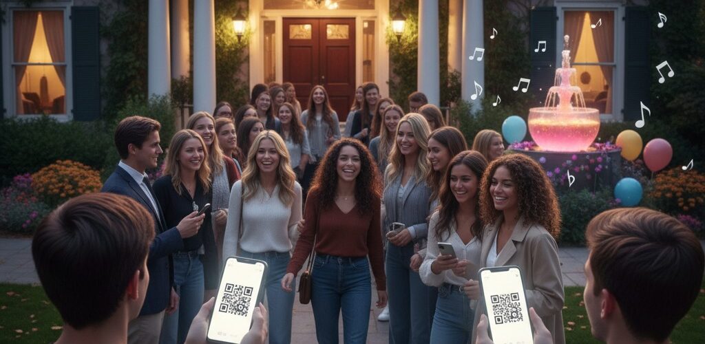 QR code ticket scanned at the entrance of a sorority event for check-in