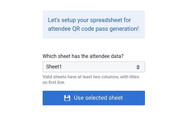 Screenshot of the initial page of the "QR Code Access Card" addon, where the sheet with attendee data is selected