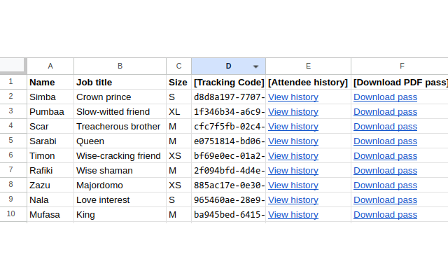 Screenshot of Google Sheets with the code columns added by the "QR Code Access Card" addon