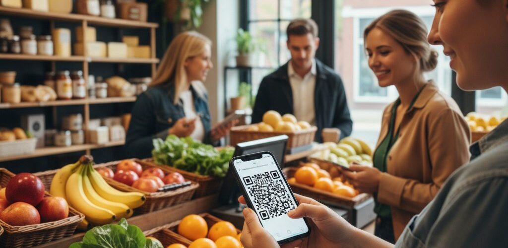 QR code voucher scanning at small fresh food market