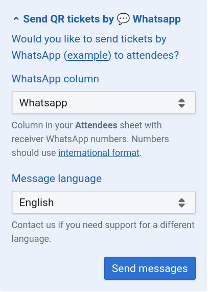 Section in Darkaa's QR code ticket per row add-on for Google Sheets where users can send QR code tickets to attendees via WhatsApp.