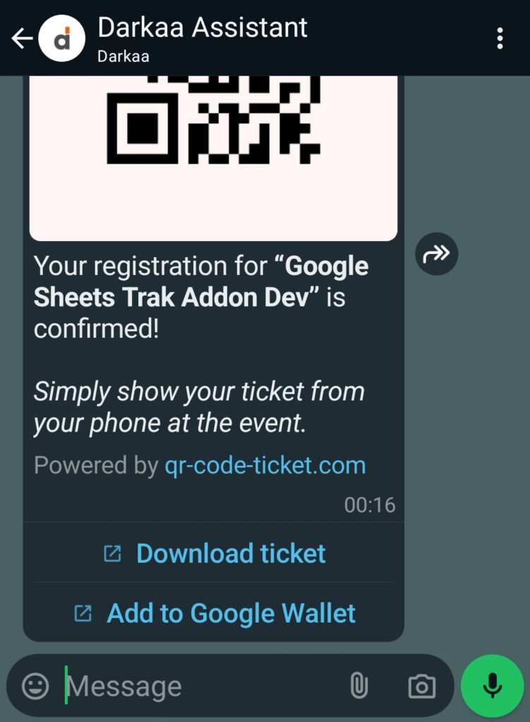 QR code ticket received on WhatsApp from Darkaa's QR code ticket per row add-on for Google Sheets