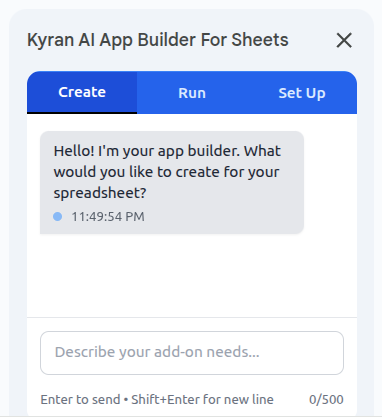 Screenshot of the sidebar for the Kyran AI app builder for Google Sheets