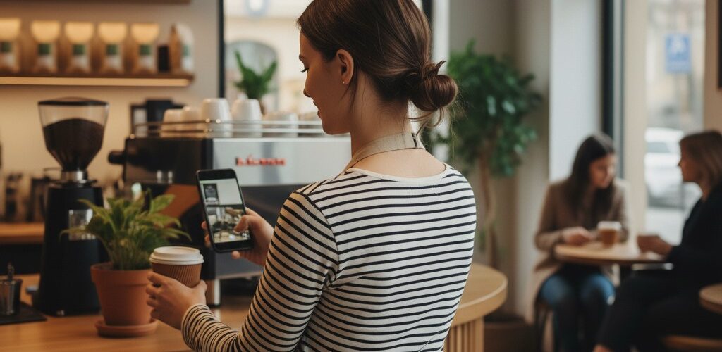 Barrista doing custom QR tracking with her phone pointed at coffee cup
