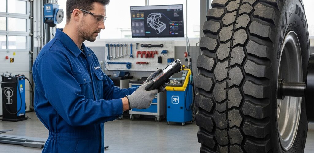 A mechanic scanning a QR code on a tire for quality insurance using his smartphone
