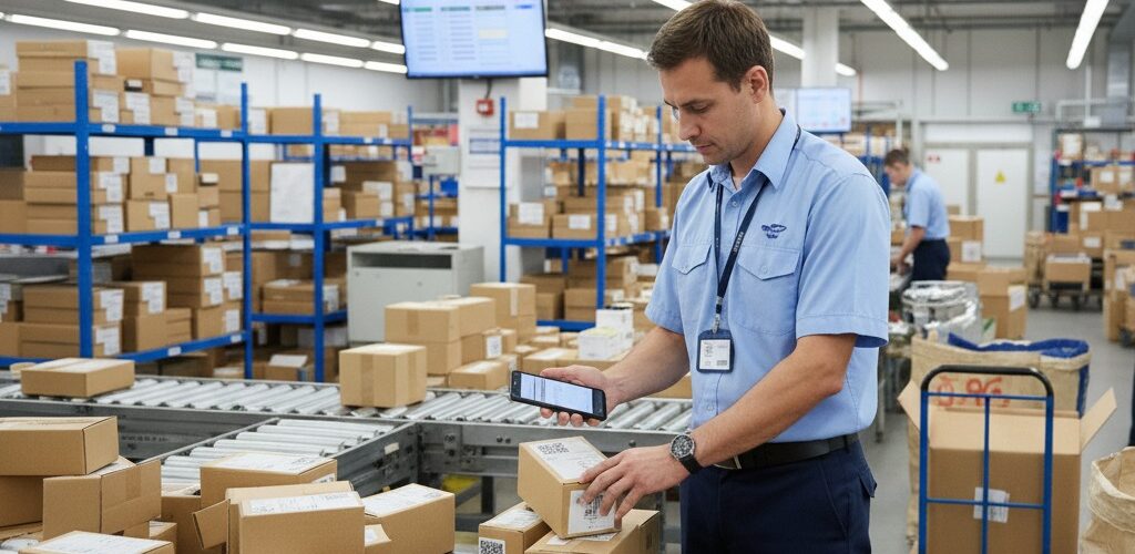 Post office worker using QR codes for parcel tracking from his smartphone