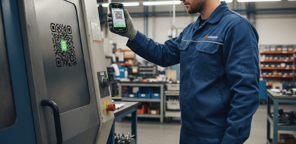 Technician using QR code for installation inspection tracking, from his smartphone