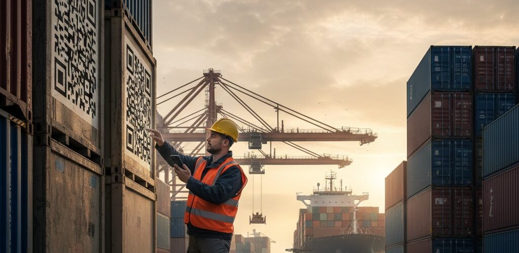 A worker scanning QR codes on crates in a port for chain of custody tracking
