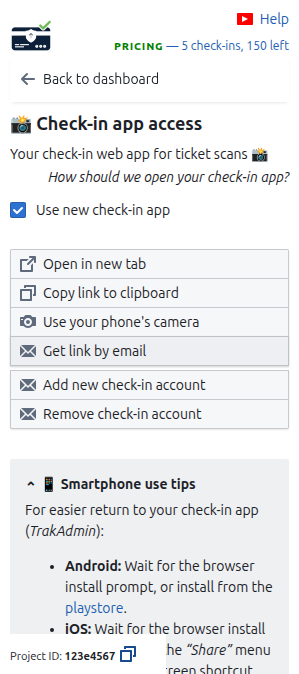 Check-in app access section on the Dashboard