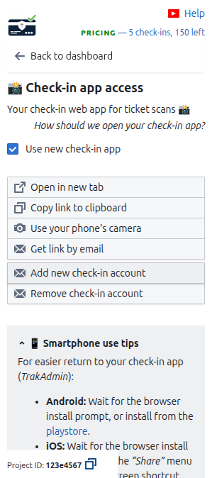 Check-in app access section on the Dashboard