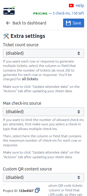 Extra settings page on the Dashboard