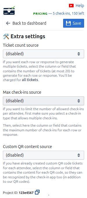 Extra settings page on the Dashboard