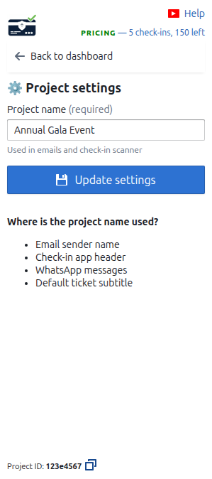 Project settings page on the Dashboard
