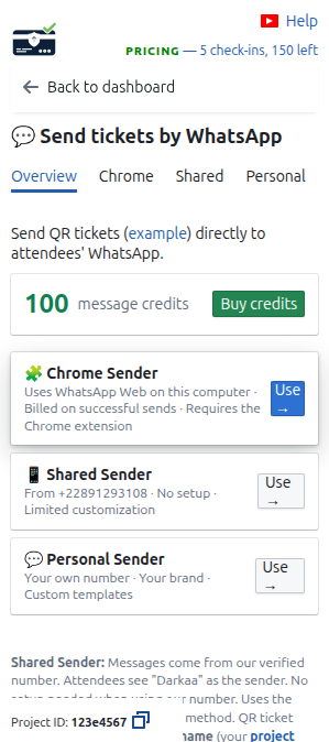 WhatsApp delivery section on the Dashboard