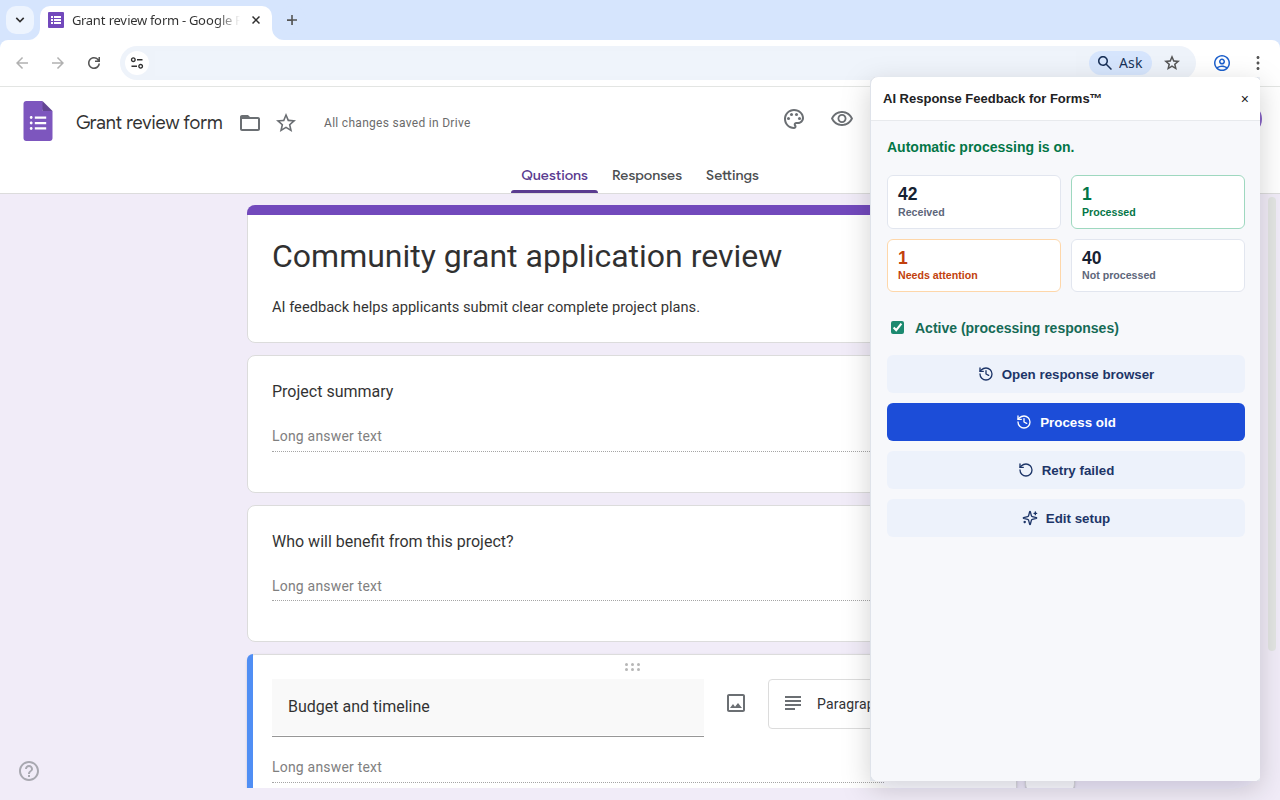 Add-on dashboard showing response counts and processing status