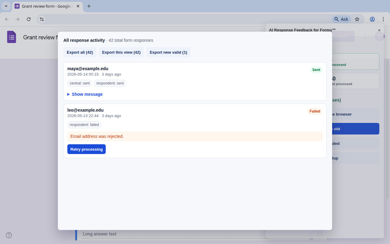 Response browser showing checked responses and export options