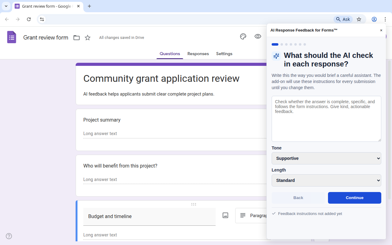 Setup wizard for choosing AI instructions and email recipients