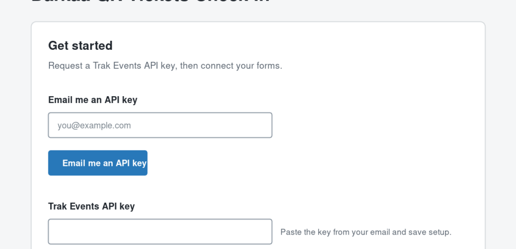 QR Tickets Setup page where administrators request or add the Trak Events API key.