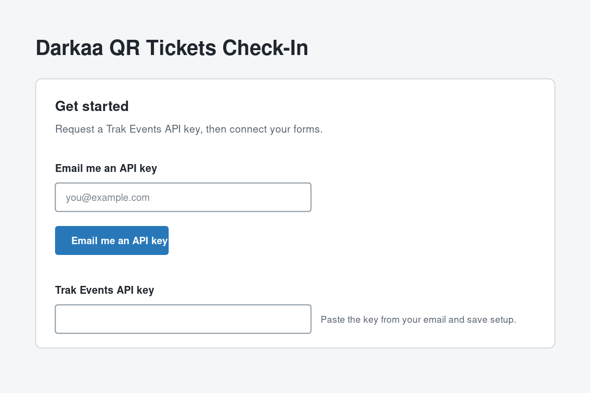 QR Tickets setup page for connecting a WordPress site to Trak Events