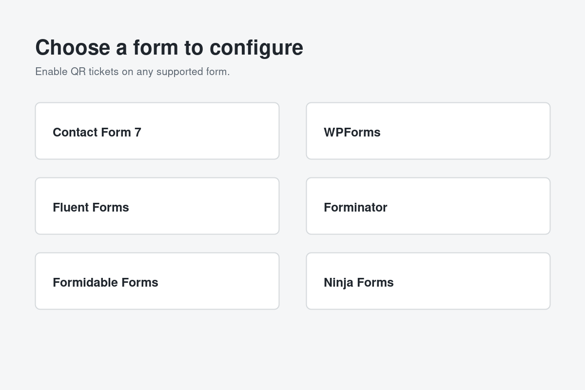 Form List showing supported forms that can be configured for QR ticketing.