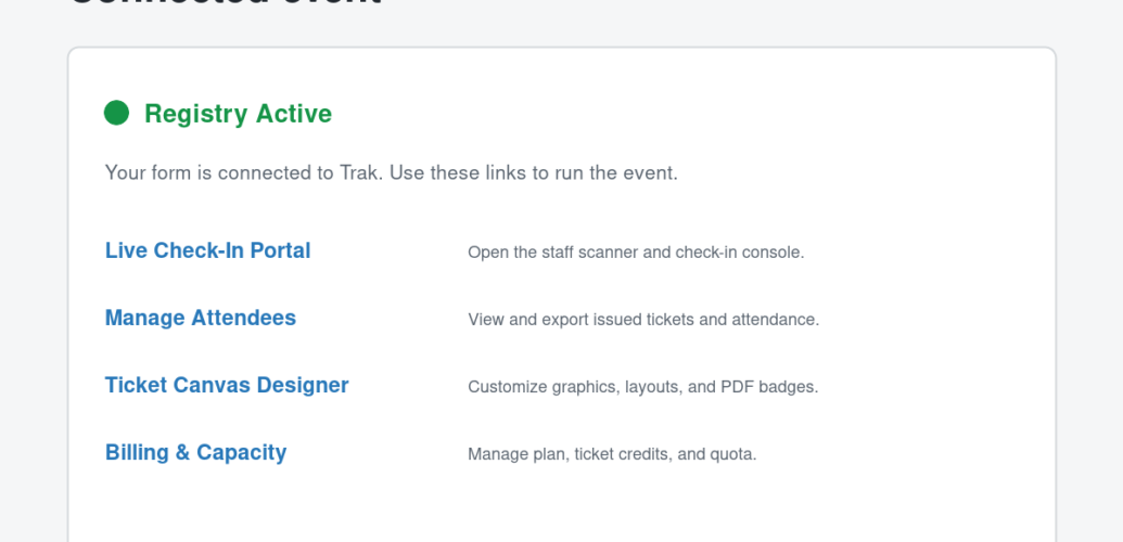 Connected Trak project links for check-in, tickets, design, and billing.